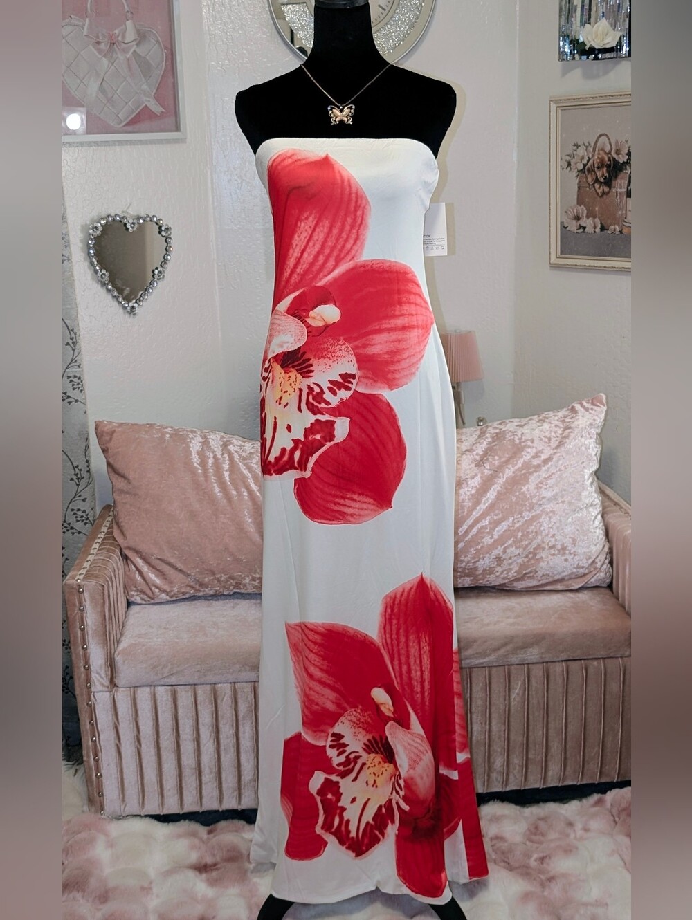 Strapless White Maxi Dress with Red Orchid Print